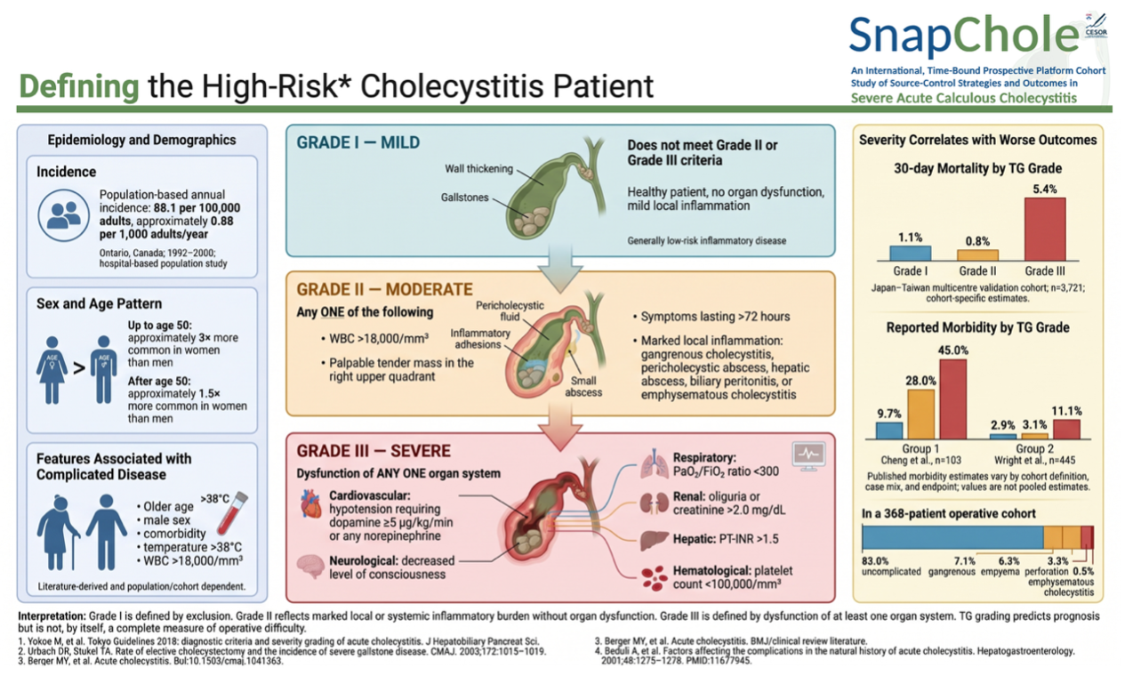 Definition of high-risk cholecystitis by TG18 grade, with severity criteria and outcome summaries.